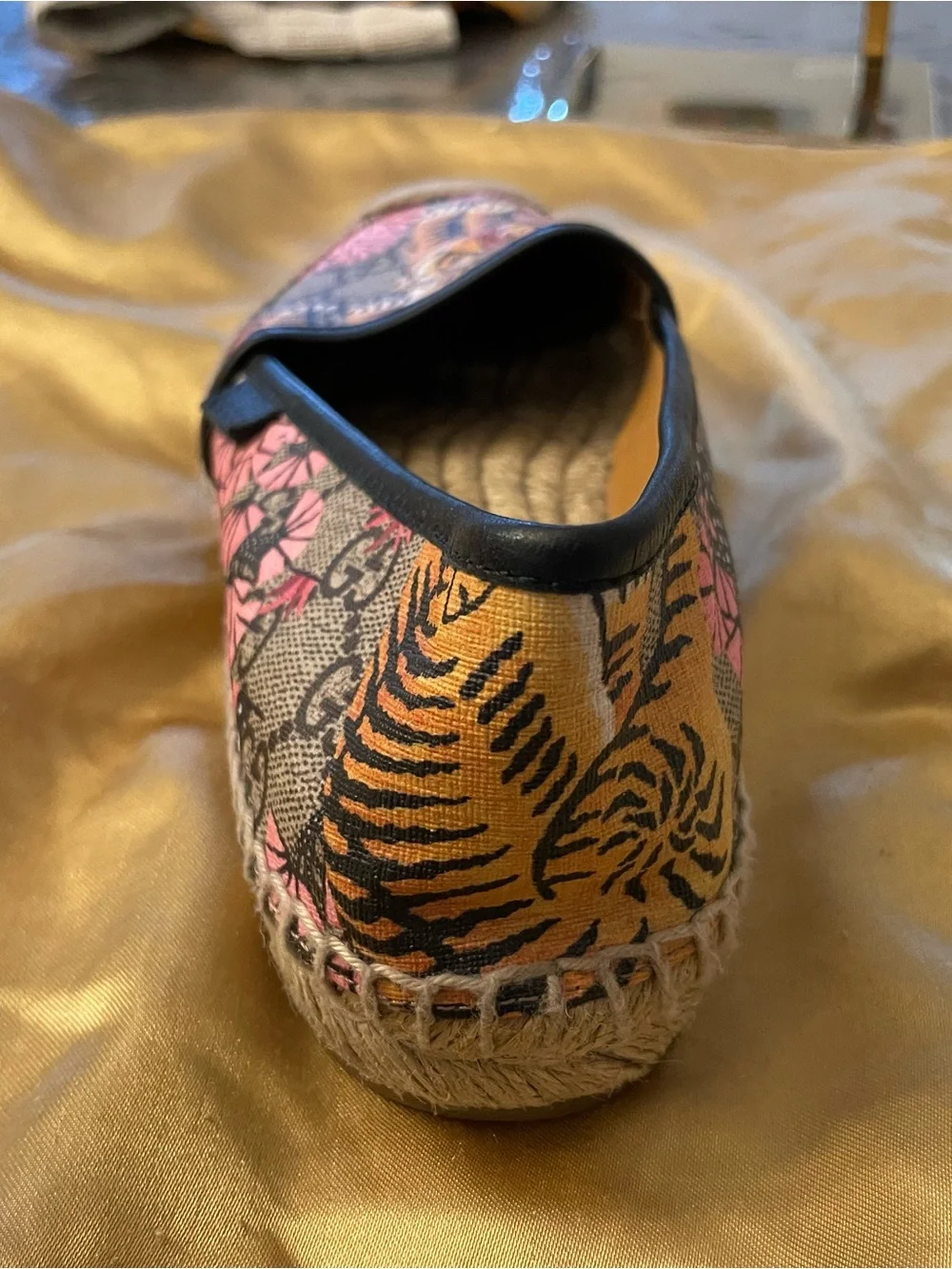 Gucci Beige GG Canvas Espadrilles with Pink & Orange Tiger Motif